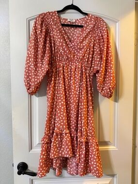 Polka Dot Puff-Sleeve V-Neck Dress in Terracotta and White